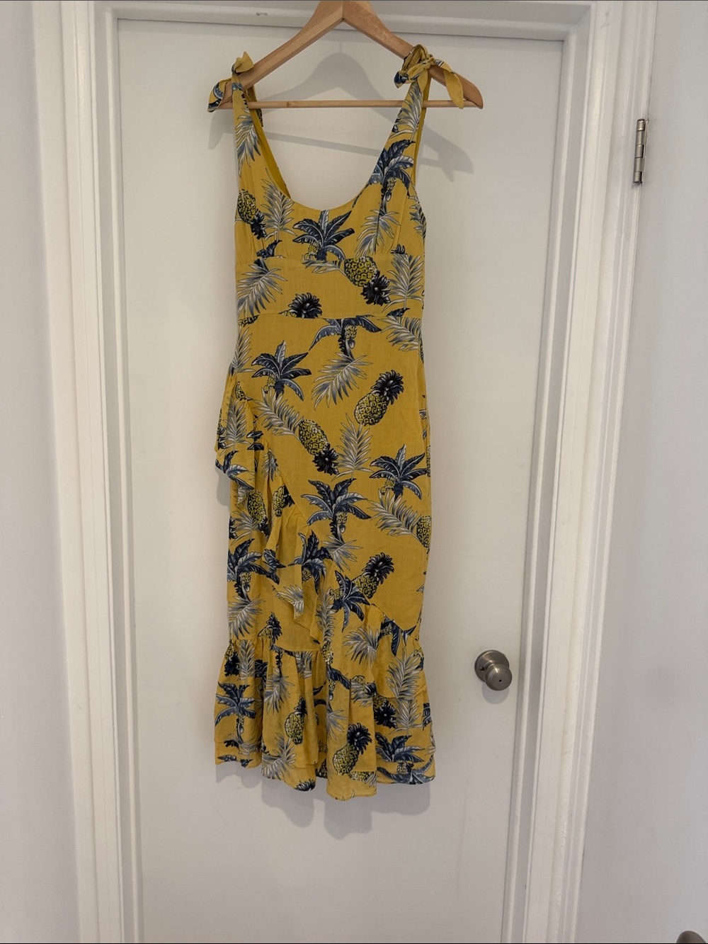 MAJORELLE Yellow Tropical Print Tie-Shoulder Midi Dress